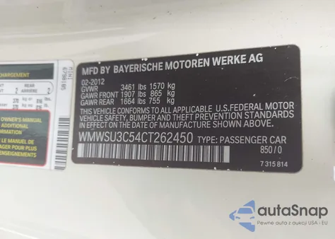 2012 Mini Cooper из США, поврежденный, VIN WMWSU3C54CT262450